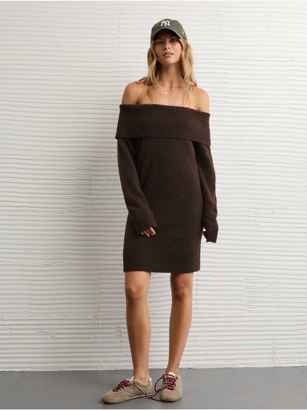 Off-Shoulder Knit Sweater Dress in Dark Brown